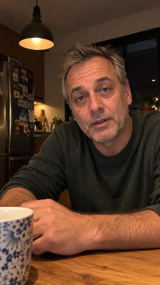 Vincent, 49 ans, filmé à la table de sa cuisine, tard le soir.