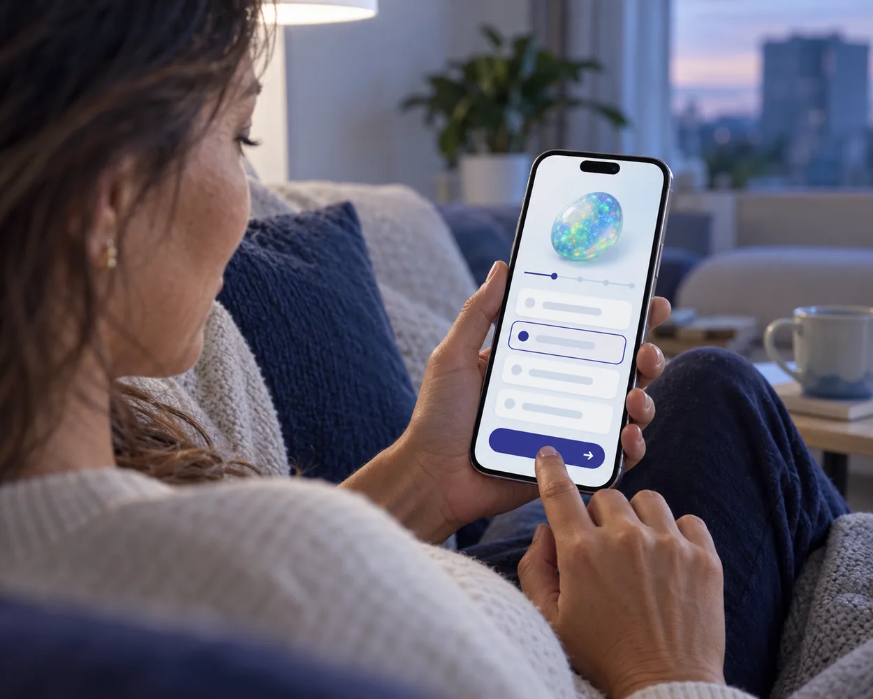 Une femme répond au test sur son téléphone, dans son canapé.