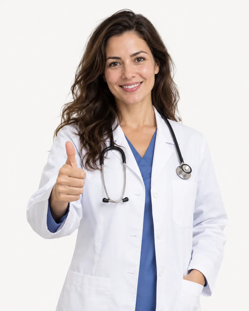 Une femme en blouse blanche, un stéthoscope autour du cou, lève le pouce en souriant.