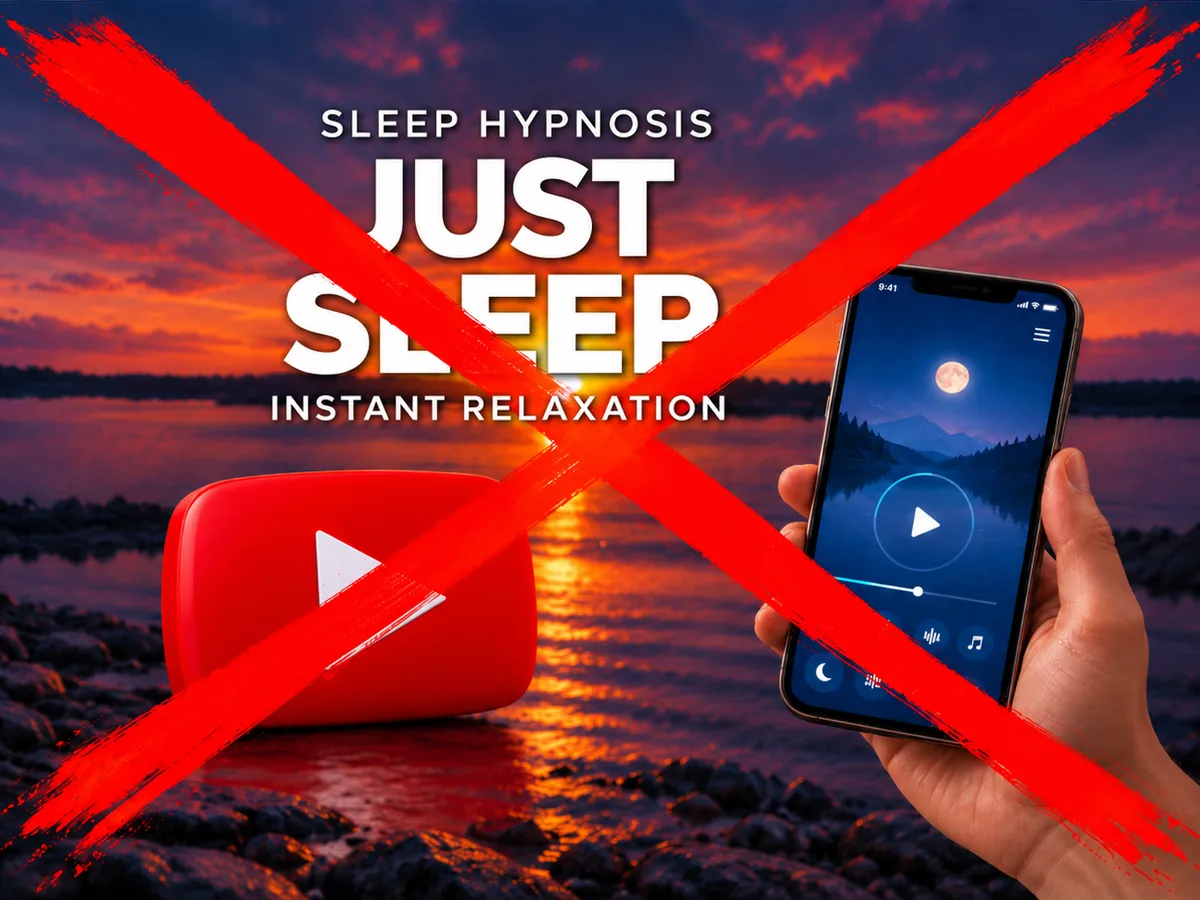 Un audio d'hypnose générique trouvé sur une plateforme vidéo et une appli de sommeil générique, barrés d'une croix rouge.