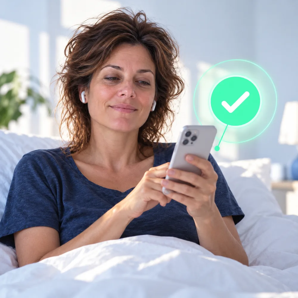 Le matin, elle tape sur son téléphone en souriant ; une coche verte confirme que sa nuit est enregistrée.