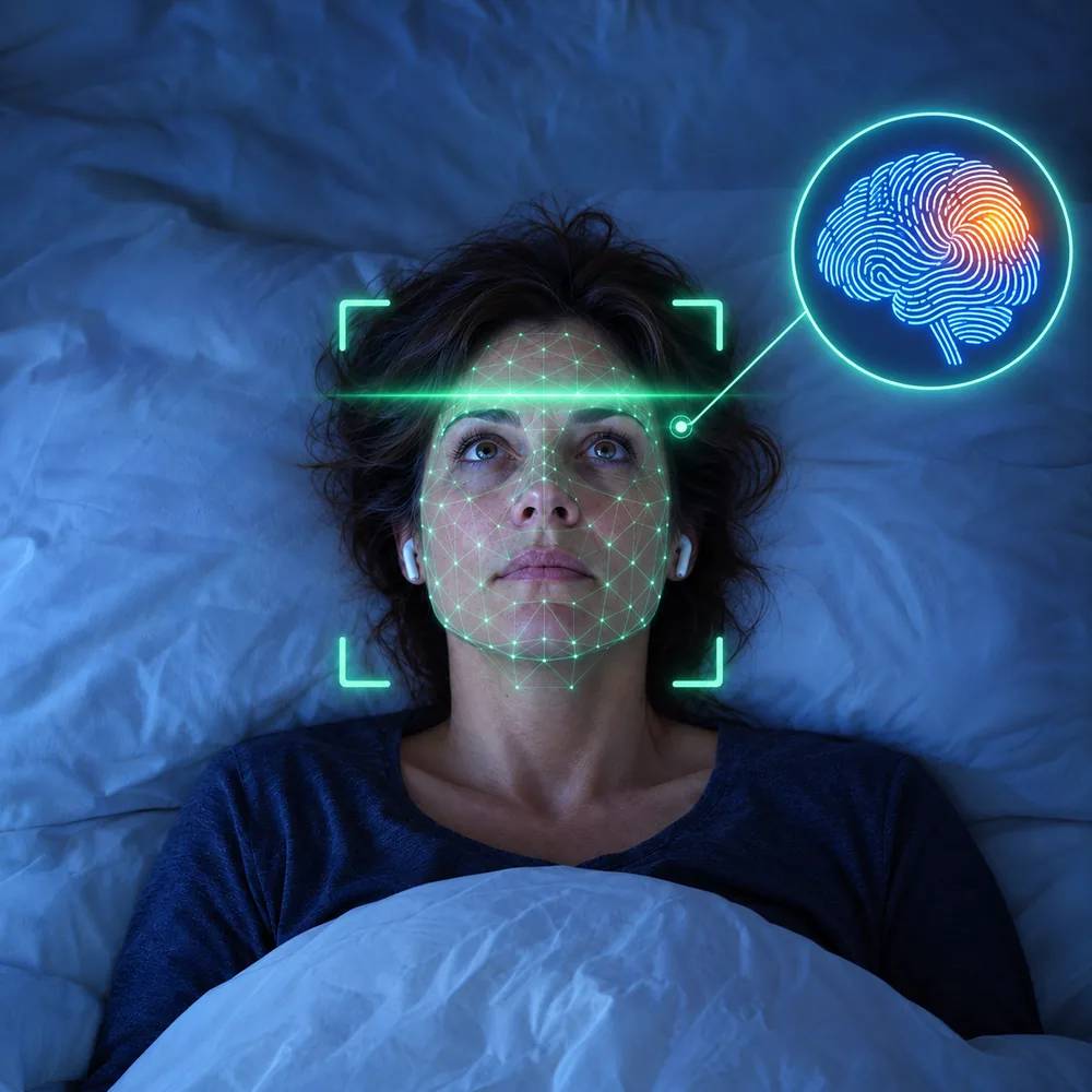 Elle, allongée la nuit, pendant qu'un scan lumineux cartographie son visage et identifie son empreinte, représentée par un cerveau en lignes d'empreinte.